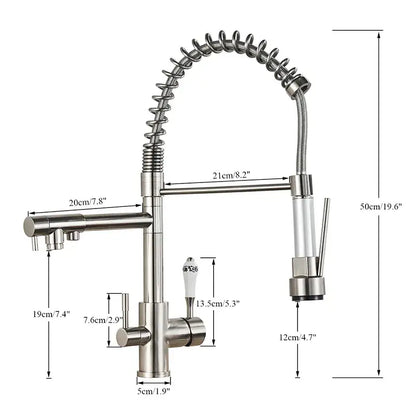 Stainless steel kitchen faucet with flexible coiled gooseneck spout and white ceramic handle decorbites dual spout pull