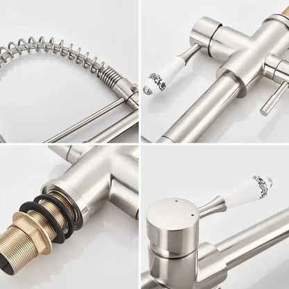 Stainless steel decorbites dual spout pull down kitchen faucet with flexible gooseneck sprayer and white ceramic handles