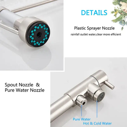 Stainless steel kitchen faucet decorbites dual spout pull down with turquoise spray nozzles and separate filter outlet
