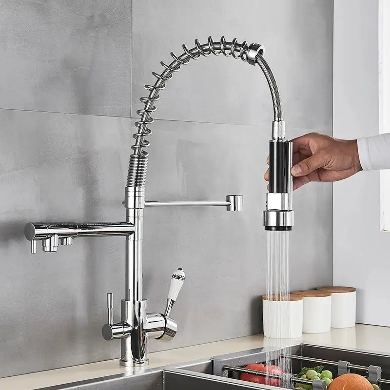 Chrome-finished stainless steel decorbites dual spout pull down kitchen faucet with flexible hose and spray head
