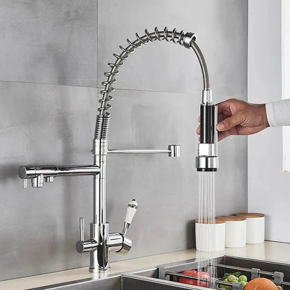 Chrome-finished stainless steel decorbites dual spout pull down kitchen faucet with flexible hose and spray head