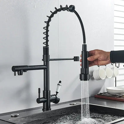 Black matte stainless steel decorbites dual spout pull down kitchen faucet with coiled flexible spout and filter