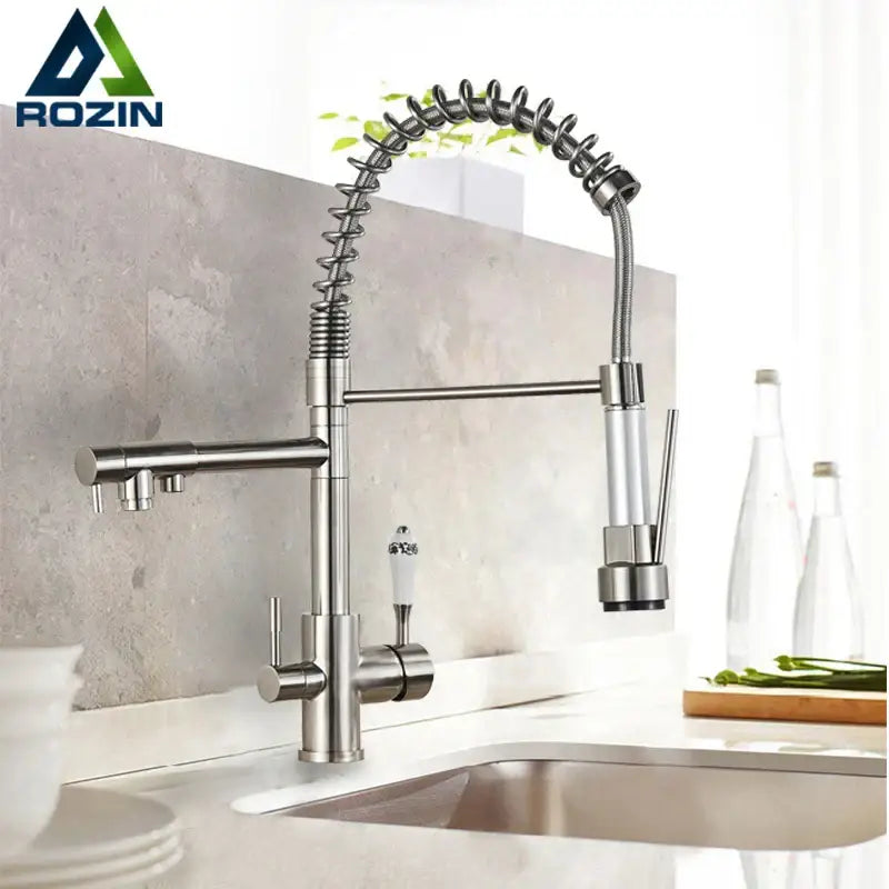 Stainless steel decorbites dual spout pull kitchen faucet with flexible coiled spout and pull down spray head with filter
