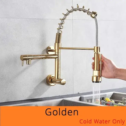 Golden brass-finished decorbites dual spouts kitchen faucet with stainless steel flexible coiled spring hose and pull-down spray head