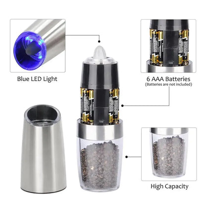 Stainless steel electric pepper grinder with clear plastic and blue led light kitchen accessory for spices