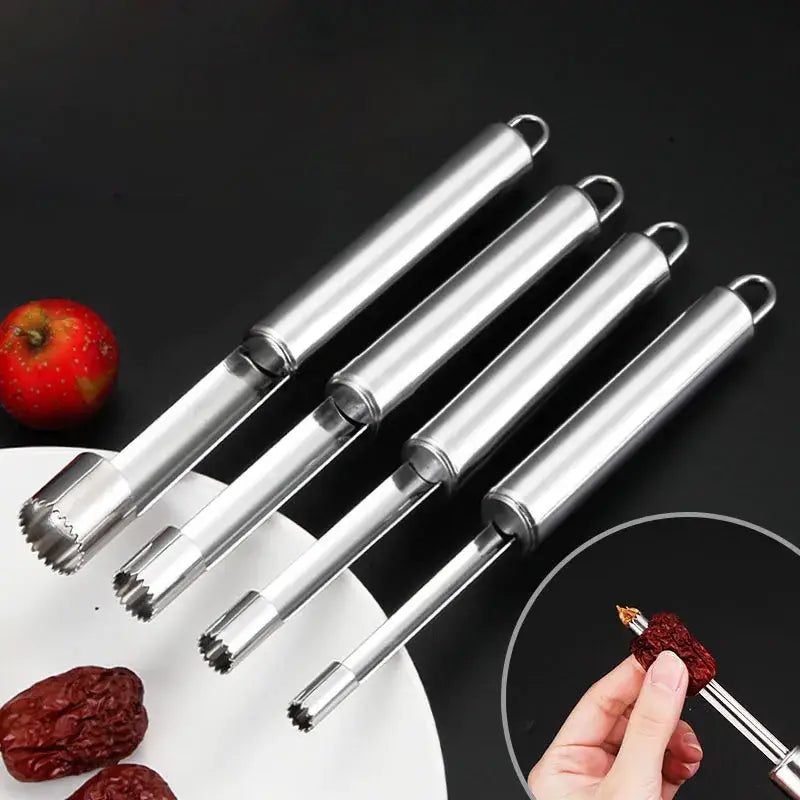 Set of four stainless steel fruit core remover slicers with serrated edges and looped handles by decorbites fruit core