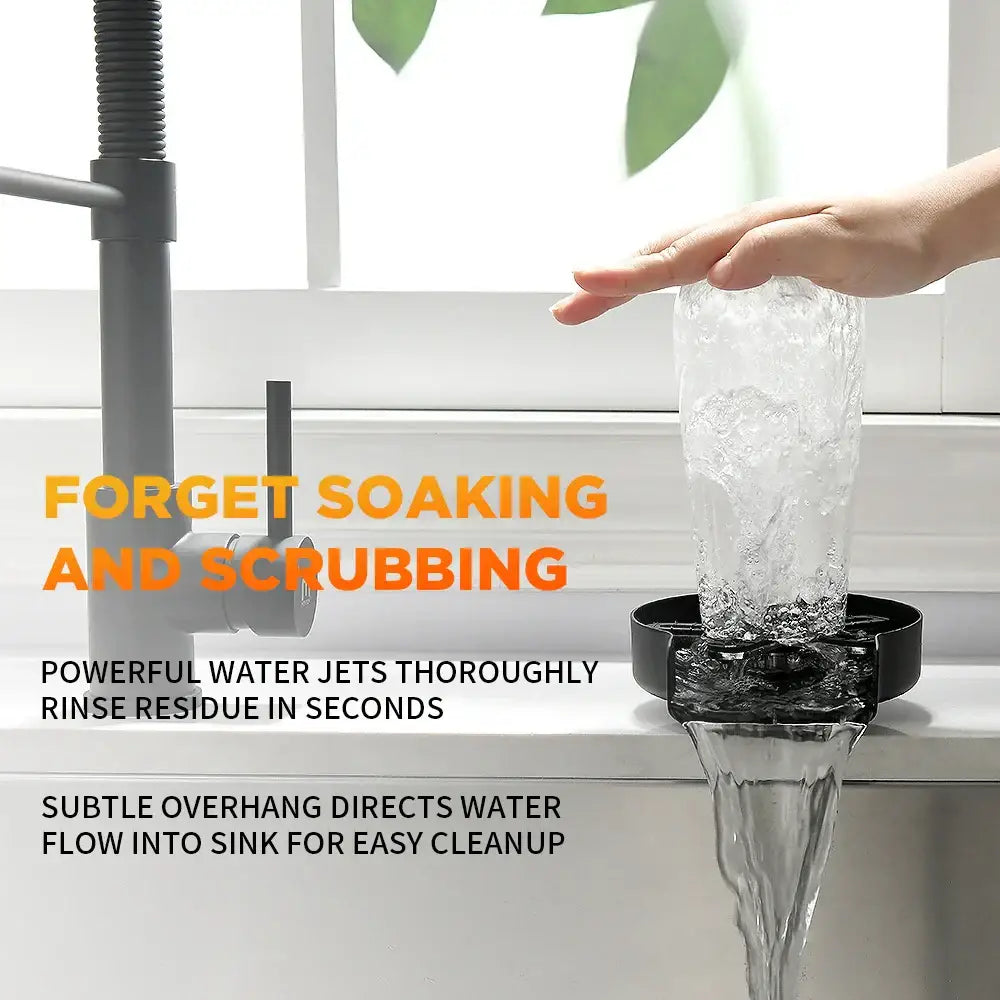 Black plastic sink sprayer with curved overhang and water jet nozzle for stainless steel glass rinser cup washer