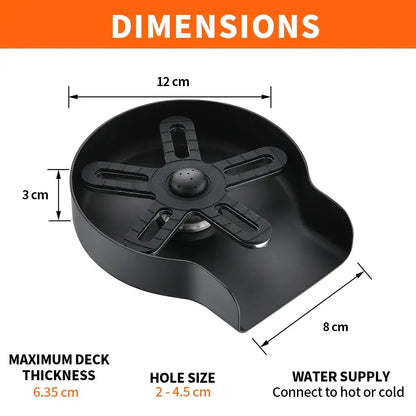 Black plastic sink drain trap with central perforated hole and four ribbed arms for stainless steel glass rinser kitchen use