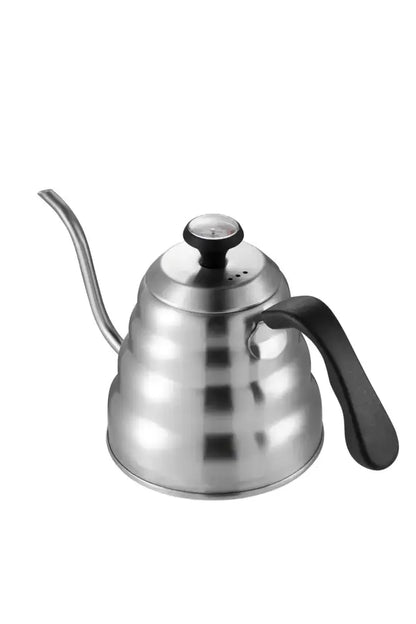 Stainless steel decorbites gooseneck coffee kettle with black handle and temperature gauge for precise kitchen use