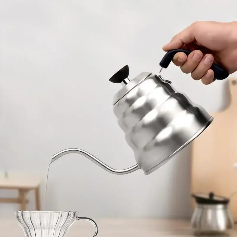 Silver stainless steel gooseneck coffee kettle with black rubberized handle and lid for kitchen temperature control decorbites gooseneck