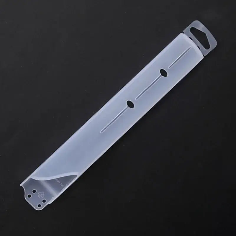 Transparent plastic display stand with three circular cutouts and hanging loop for decorbites knife scabbard set use