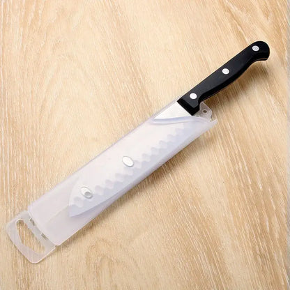 Black-handled stainless steel serrated knife with clear plastic decorbites knife scabbard for kitchen use