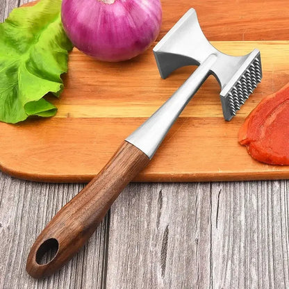 A stainless steel meat tenderizer with a dark wood handle featuring flat and textured striking faces
