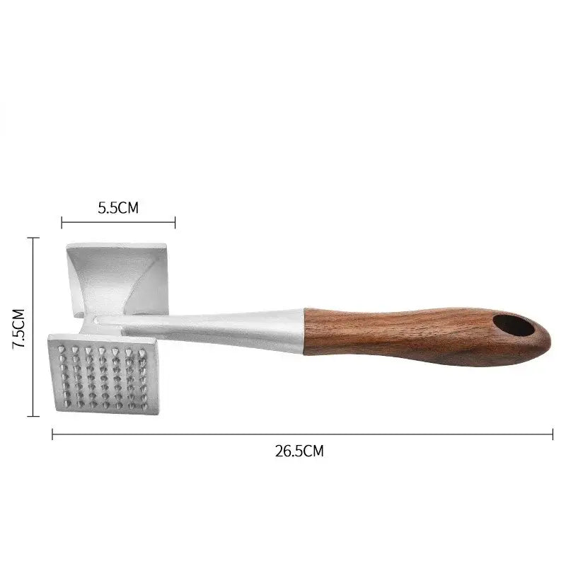 A stainless steel meat tenderizer with a polished wooden handle and textured striking head for kitchen use