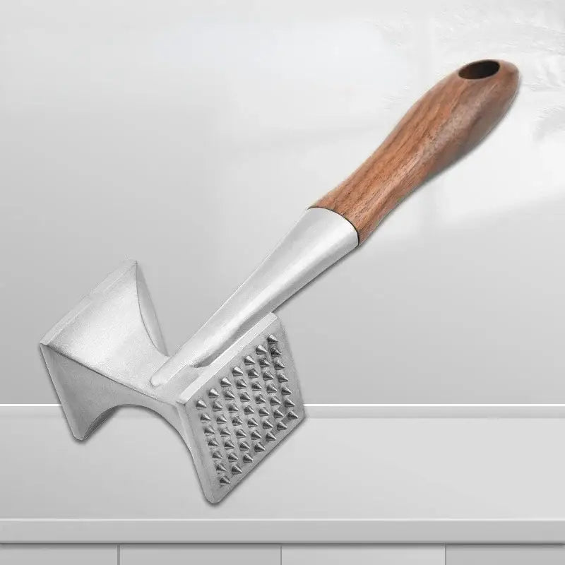 Stainless steel meat tenderizer with wood handle and dual-sided grating for efficient meat tenderizing tasks