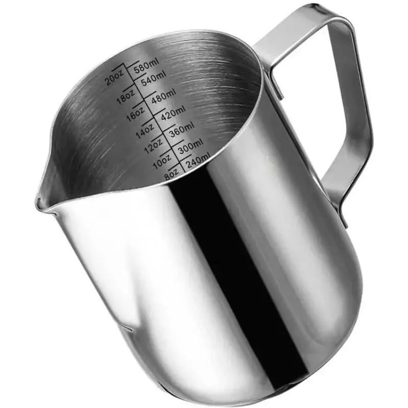 Stainless steel milk frothing jug with measurement markings in ounces and milliliters for precise milk frothing