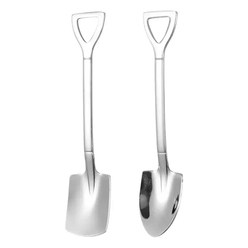 Two stainless steel shovel teaspoons with polished finish and triangular handles from a 4-piece steel teaspoons set