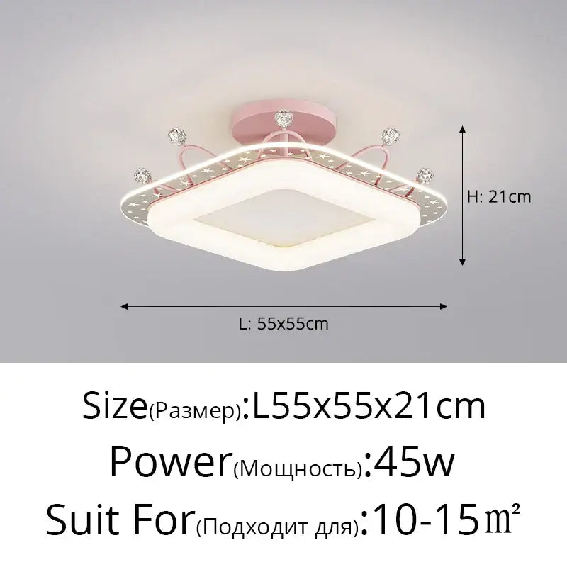 Pink princess-themed kids room ceiling light with crystal accents square design for decorbites kids room decor