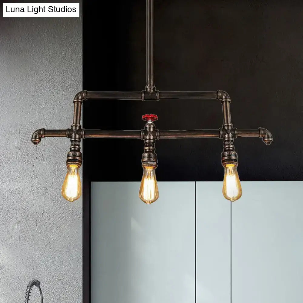 DecorBites™ steampunk bronze 3-light linear pendant metal fixture with dark bronze pipe valve and exposed Edison bulbs for island lighting