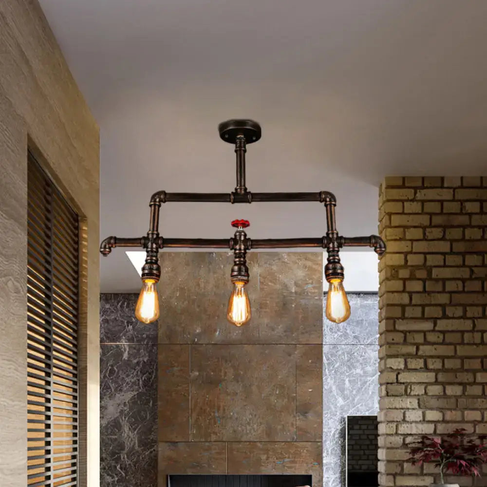 DecorBites™ steampunk bronze 3-light linear pendant metal fixture with dark bronze pipe and valve design for island lighting