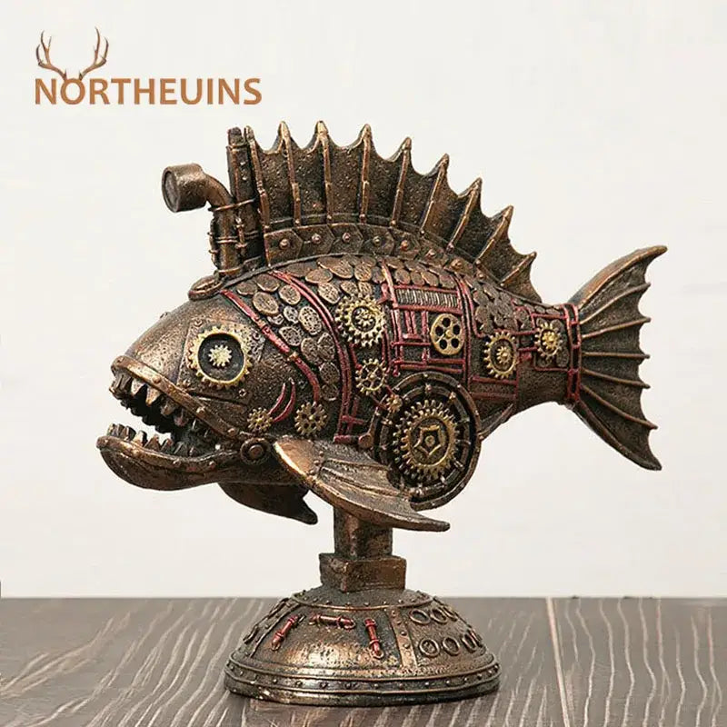 Steampunk bronze whale figurine with blackfish resin and brass gears on a decorative pedestal base for office decorbites blackfish resin decor