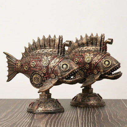 Two steampunk bronze whale figurines with gears and red accents crafted from blackfish resin for office decorbites decor