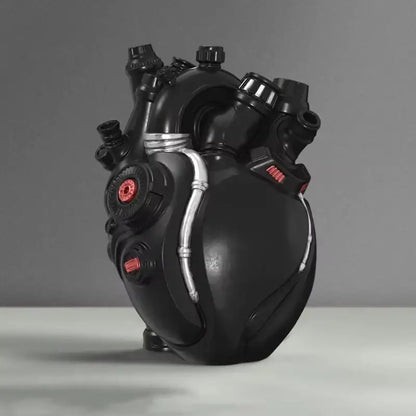 Black glossy plastic heart cardiac vase with silver piping and red accents for decorbites heart cardiac decor