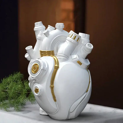 Steampunk white and gold ceramic heart cardiac vase with mechanical detailing for living room decorbites heart decor
