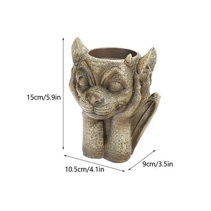 Stone gargoyle resin vase sculpture with textured weathered gray surface and pointed ears for garden succulent decorbites gargoyle resin planter