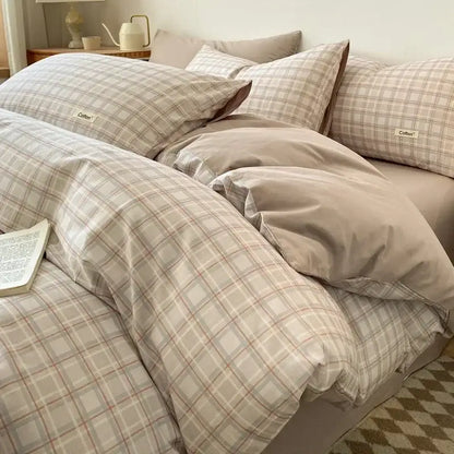 Beige and cream plaid bedding set with subtle red accents and soft cotton fabric featuring a fitted sheet decorbites grid printed