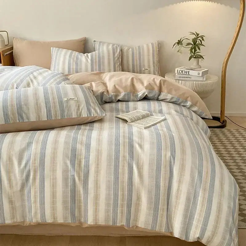Striped beige and blue cotton bedding set with fitted sheet featuring decorbites grid printed vertical stripes and textured weave