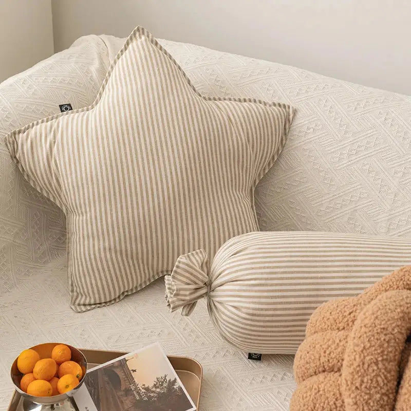 Beige and cream striped corduroy decorbites cloud star pillow with tied bow in star moon shape for kids bedroom decor