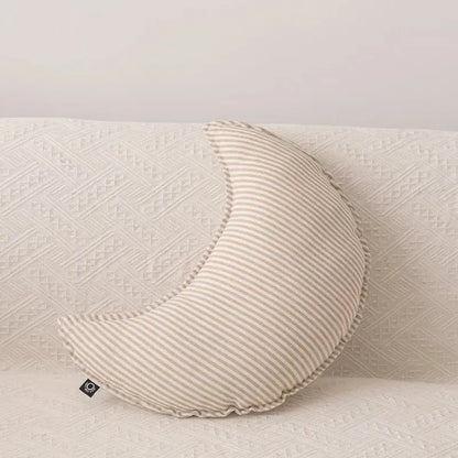Cream-colored crescent moon shaped decorbites cloud star pillow with beige stripes and soft corduroy fabric finish