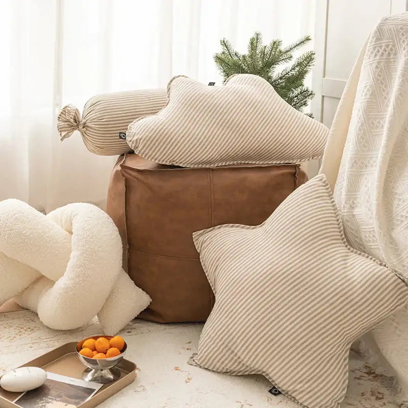 Beige and cream striped star-shaped decorbites cloud star kids pillow with soft textured corduroy fabric finish