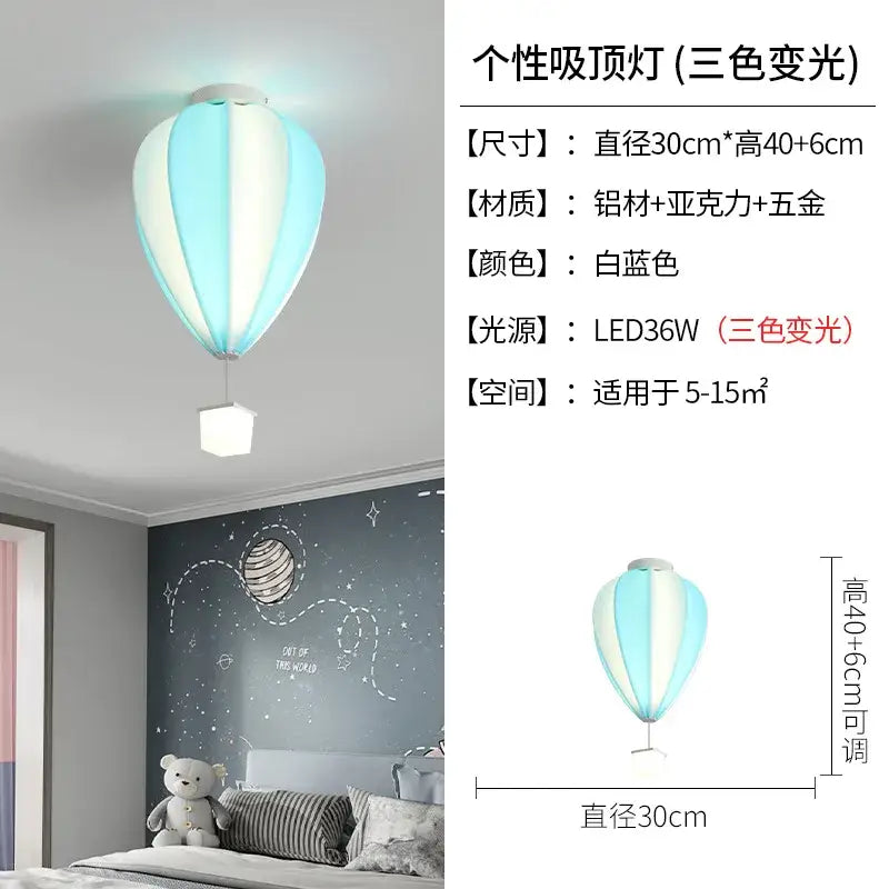 A decorbites hot air balloon lamp in white and light blue stripes made of aluminum acrylic and brass for kids bedroom ceiling decor