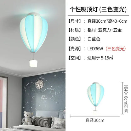 A decorbites hot air balloon lamp in white and light blue stripes made of aluminum acrylic and brass for kids bedroom ceiling decor