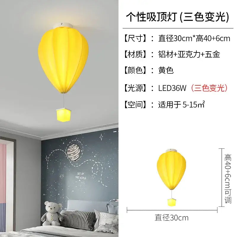 Yellow hot air balloon lamp with striped fabric texture and metallic accents by decorbites for kids bedroom ceiling decor