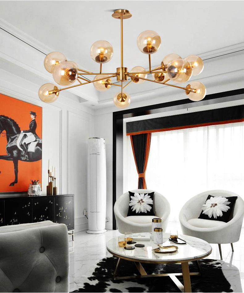 Brass Glass LED Chandelier 18-Head Amber Glow
