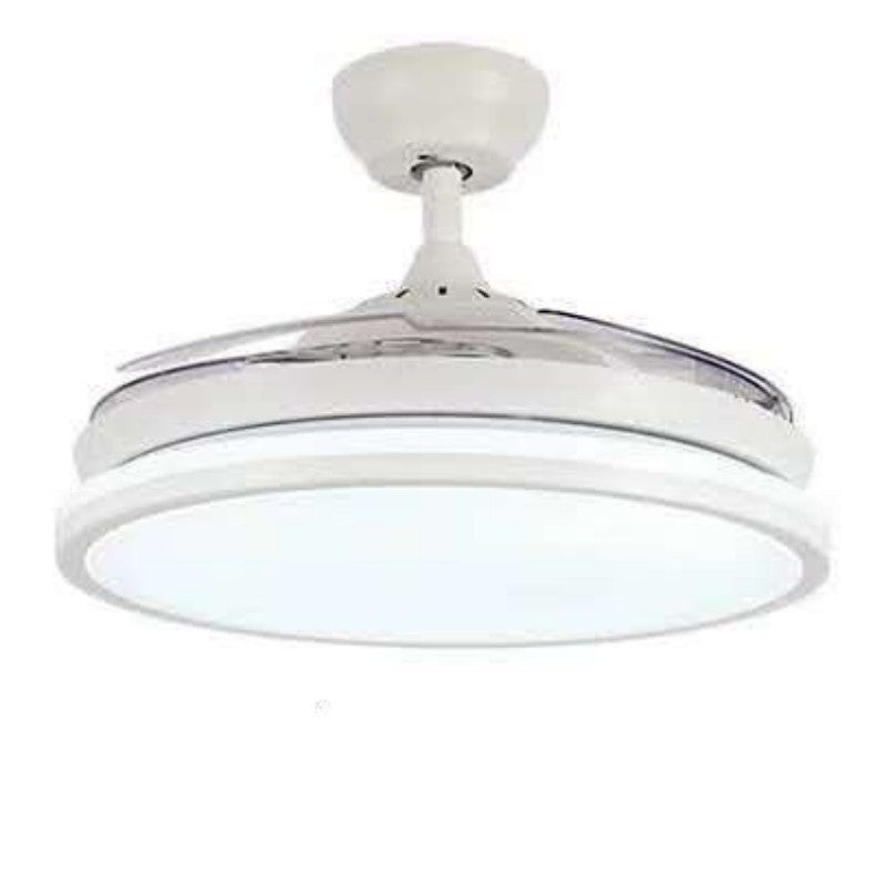 White ceiling fan with retractable blades and led light designed for study dining room living bedroom use