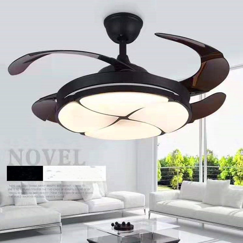 Black and brown modern ceiling fan with retractable blades designed for study dining room living and bedroom use