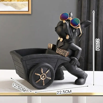 Stylish black resin decorbites dog statue with gold sunglasses and miniature cart as a living room storage box
