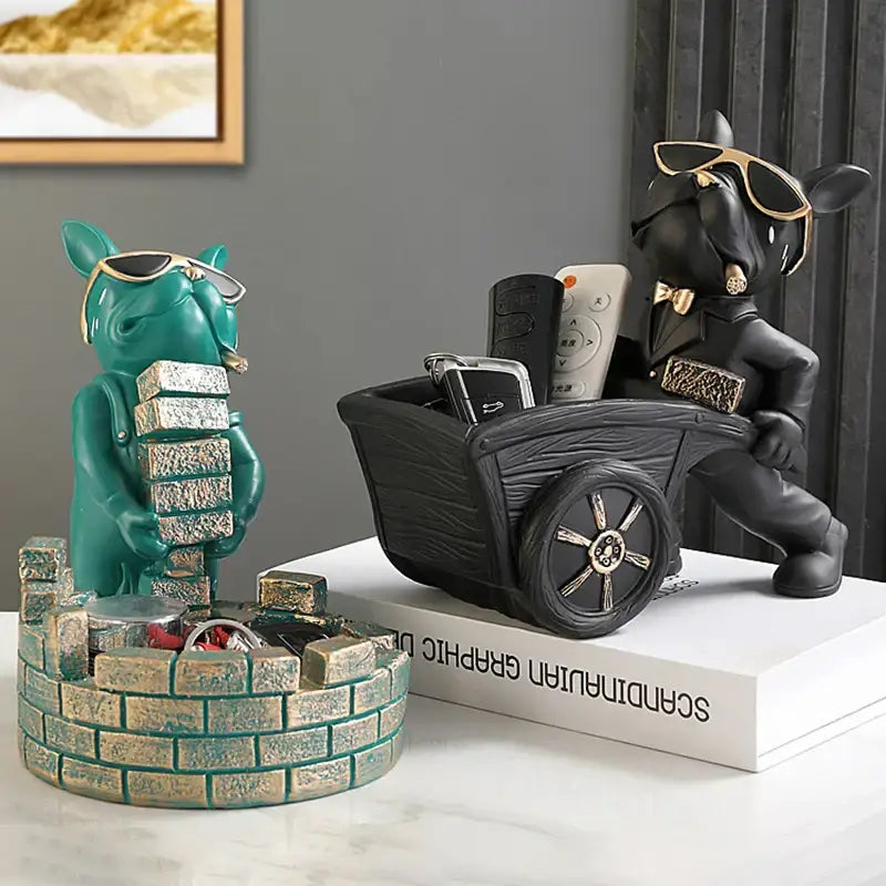 Teal and gold resin decorbites dog statue storage box of bulldog in black suit with sunglasses carrying bricks for living room decor