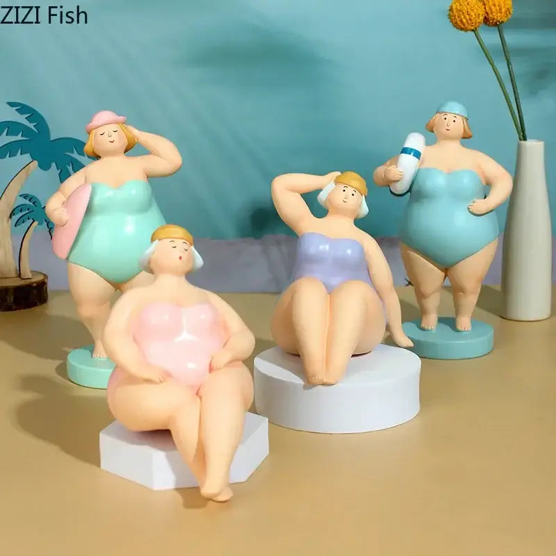 Stylized lavender and blue pastel resin sculpture of curvy women in beach swimsuit poses as a desk ornament