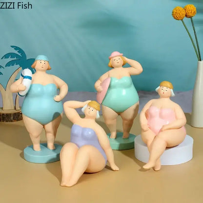 Pastel-colored lavender and blue resin sculpture of curvy women in beach swimsuit as a stylish desk ornament