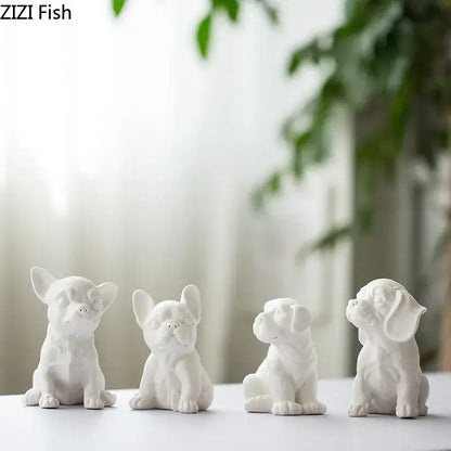 Stylized white matte french bulldog ceramic sculpture and miniature figurines of four dog breeds with distinct features