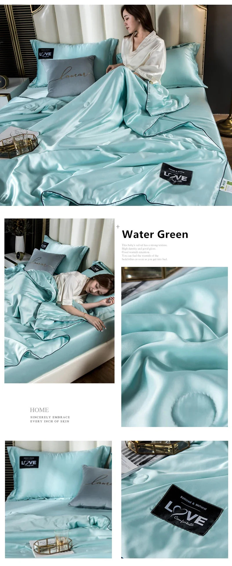 Summer mulberry silk comforter with water green satin bedding set and black love branded pillowcases in queen size