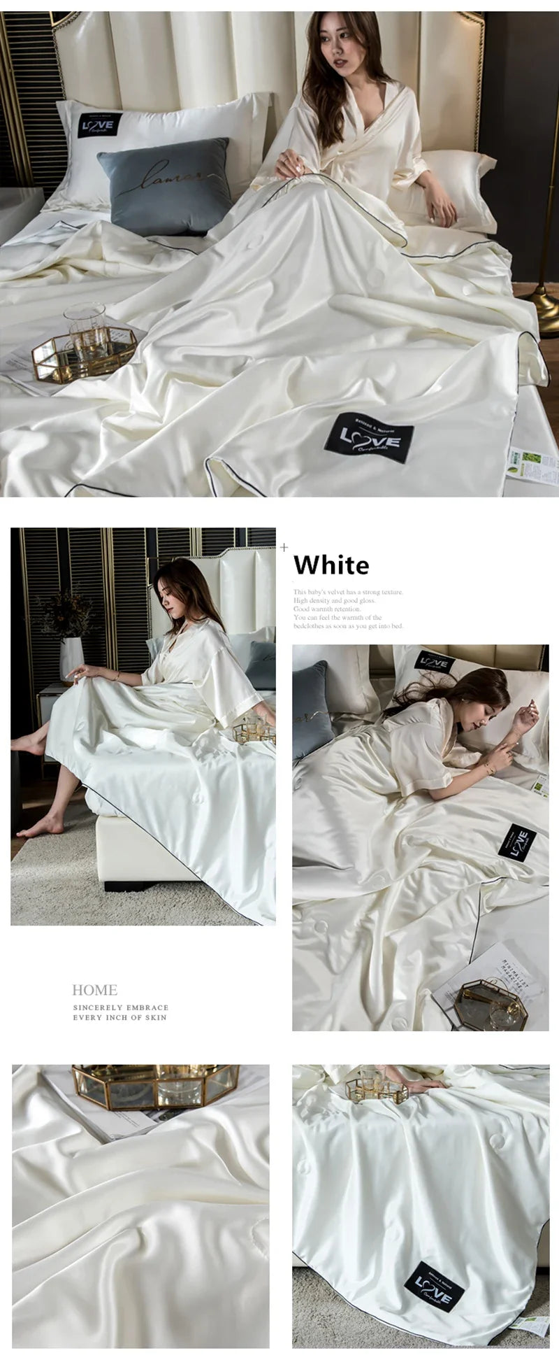 White satin sleepwear set with flowing elegant design and subtle brand logo patches shown with summer mulberry silk comforter insert