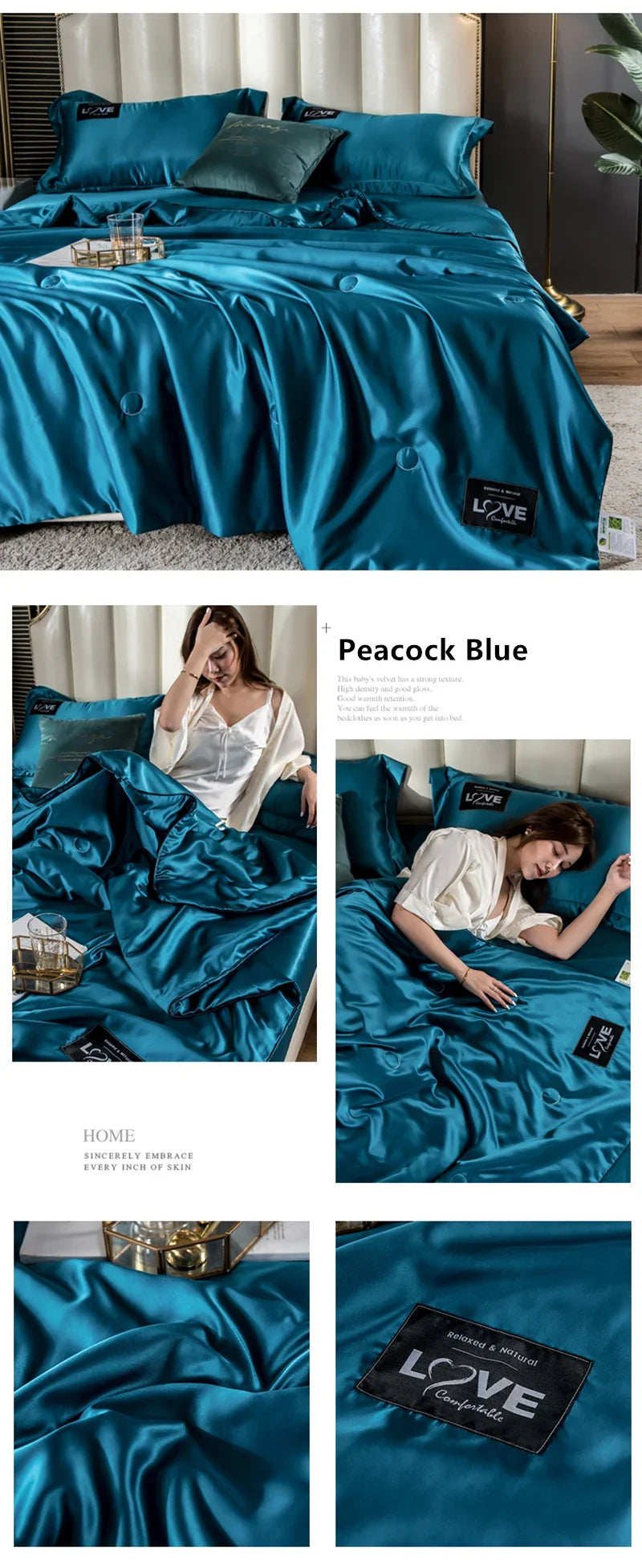 Peacock blue satin summer mulberry silk comforter duvet insert with smooth glossy finish and subtle button detailing