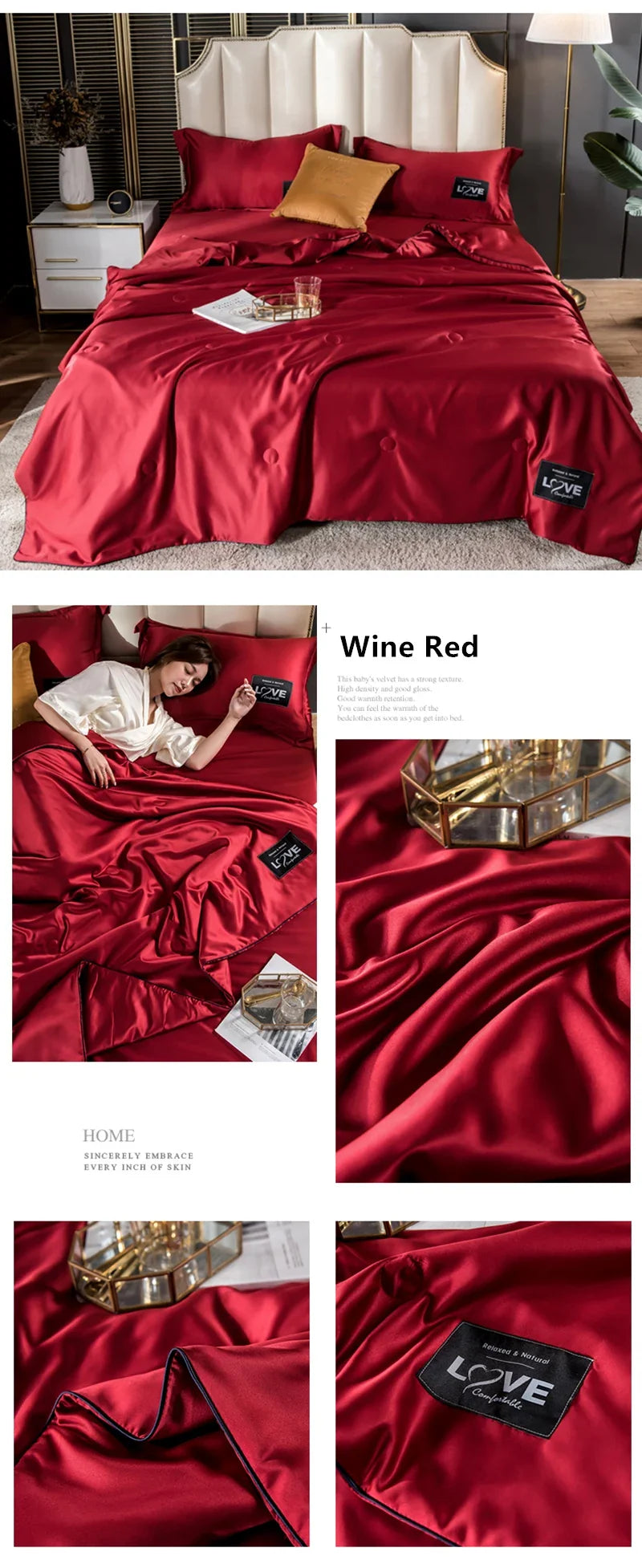 Wine red satin bedding set with subtle sheen and black love branded tags for luxury mulberry silk comforter duvet insert