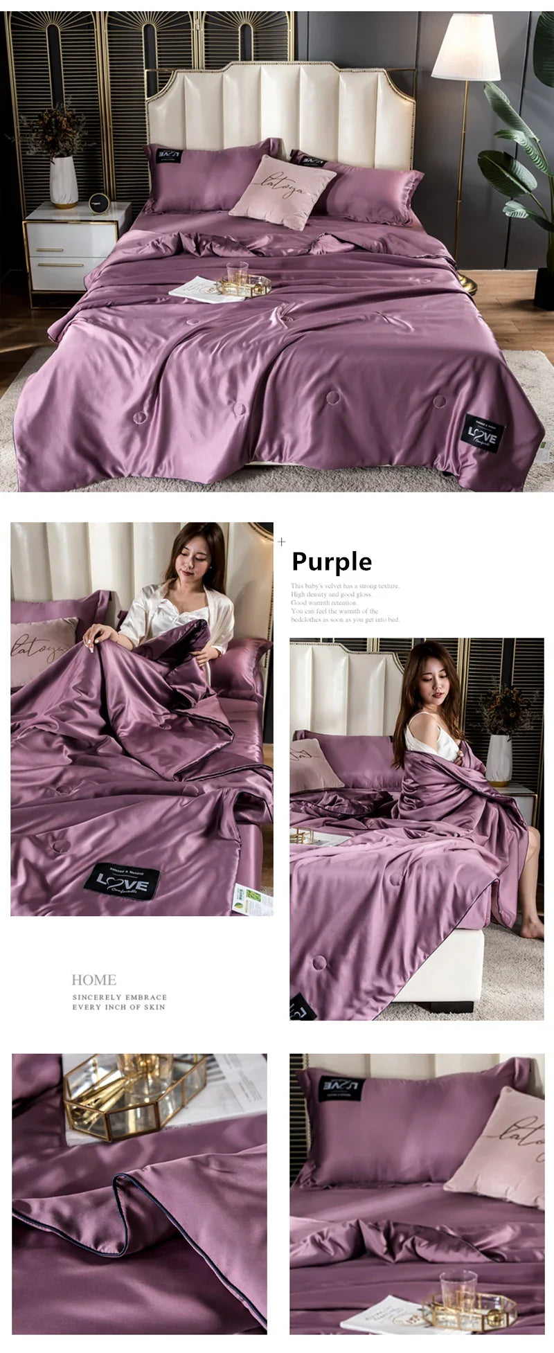 Purple satin summer mulberry silk comforter duvet insert with subtle sheen and matching pillowcases for queen bed